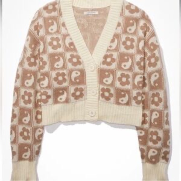 American Eagle Beige Cardigan | Smiley Face + Yin Yang | Size M - Picture 1 of 7